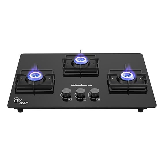 Lifelong 3 Gas Burner Top - 3 Burners Hob Top Gas Stove with Automatic Ignition - Toughened Glass top Gas Stoves for Home & Kitchen - Automatic Gas Stove for Modern/Modular Kitchen (LLHT923)Open,Black