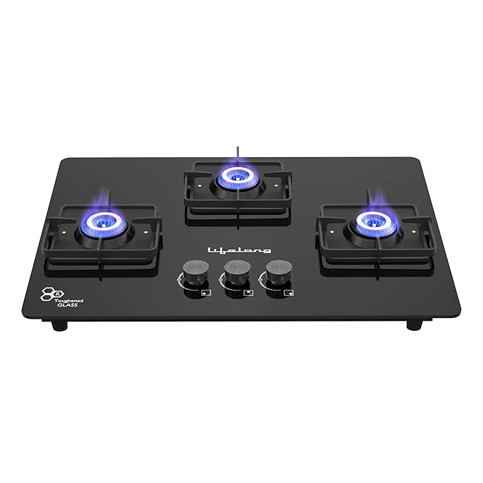 Lifelong 3 Gas Burner Top - 3 Burners Hob Top Gas Stove with Automatic Ignition - Toughened Glass top Gas Stoves for Home & Kitchen - Automatic Gas Stove for Modern/Modular Kitchen (LLHT923)Open,Black