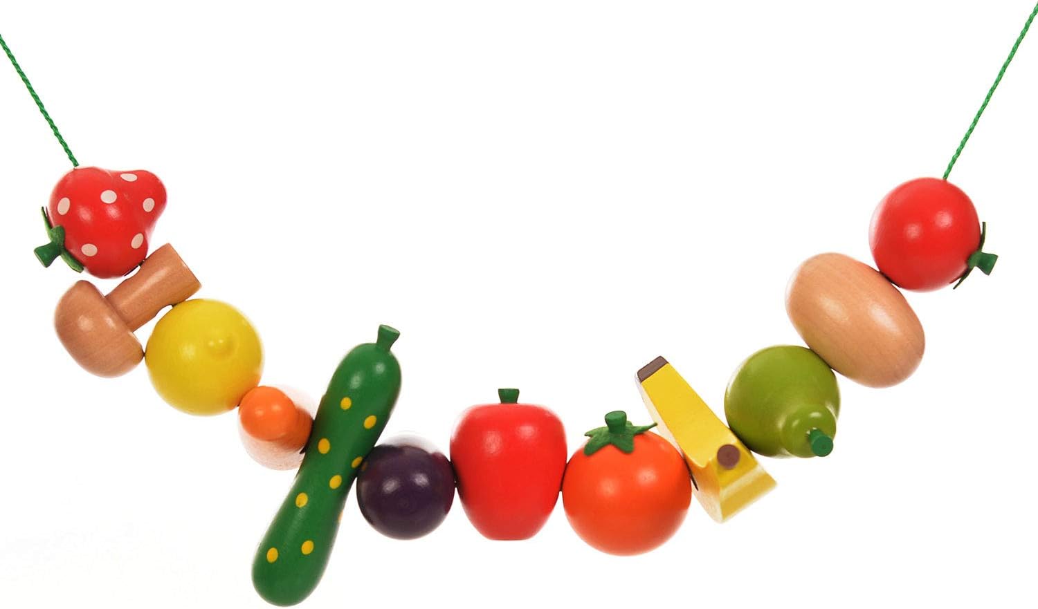 Playlearn Wooden Fruit and Vegetable Threading Set - Lacing Beads Game for 2-5 Year Olds - Includes 2 Laces