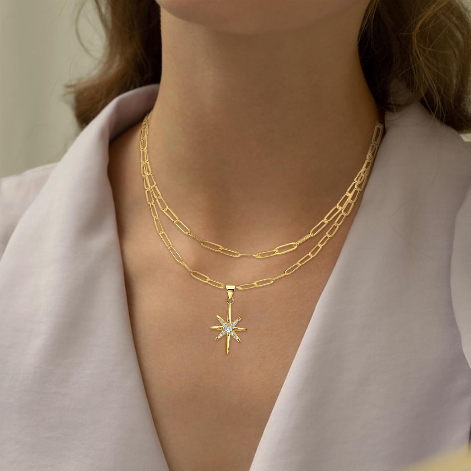 Gold Layered Necklaces for Women - Sterling Silver Stackable Pendant Necklace Double Paperclip Chain Cubic Zirconia Adjustable Twisted/Sun/Star Charm Necklace Gifts for Christmas Birthday