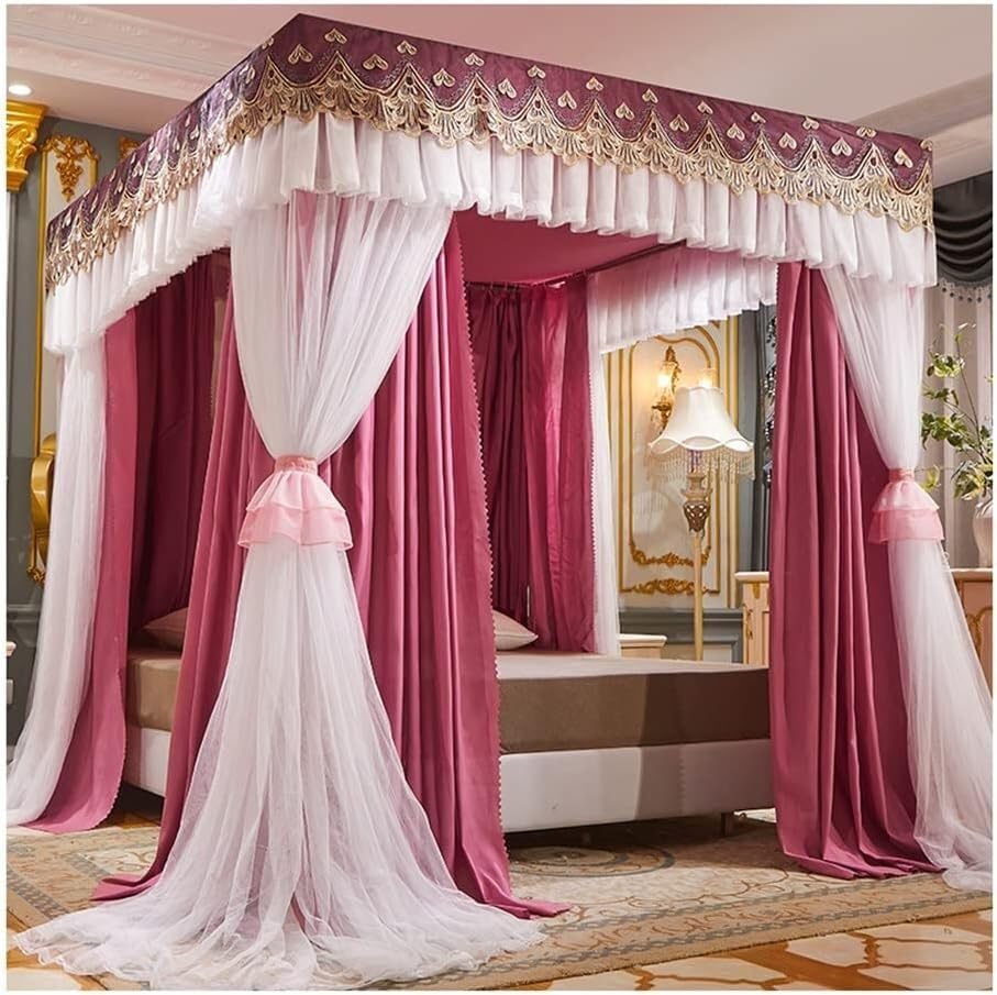 Cortina de cama de lujo con mosquitera de 4 postes rosa de 200x220 cm para dormitorio elegante