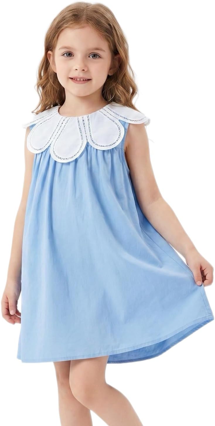 Toddler Baby Girls Cotton Casual Vintage Dresses with Smocked Petal Collar Flower Collar