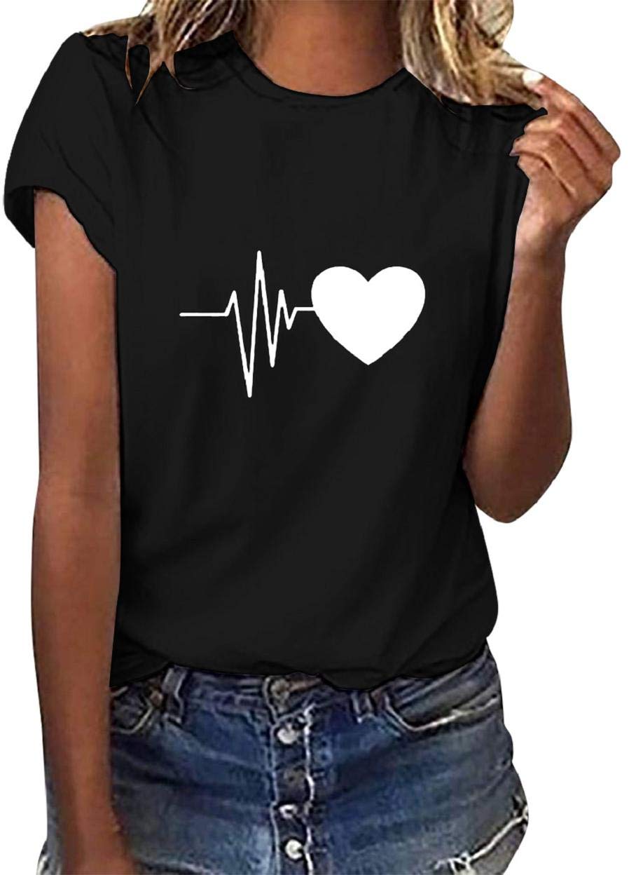 Yuson Girl Camiseta Mujer Manga Corta Camisetas Cuello Redondo Camiseta Algodon Básica Top Casual Blusa Verano Deporte T Shirts con Estampado de Corazón