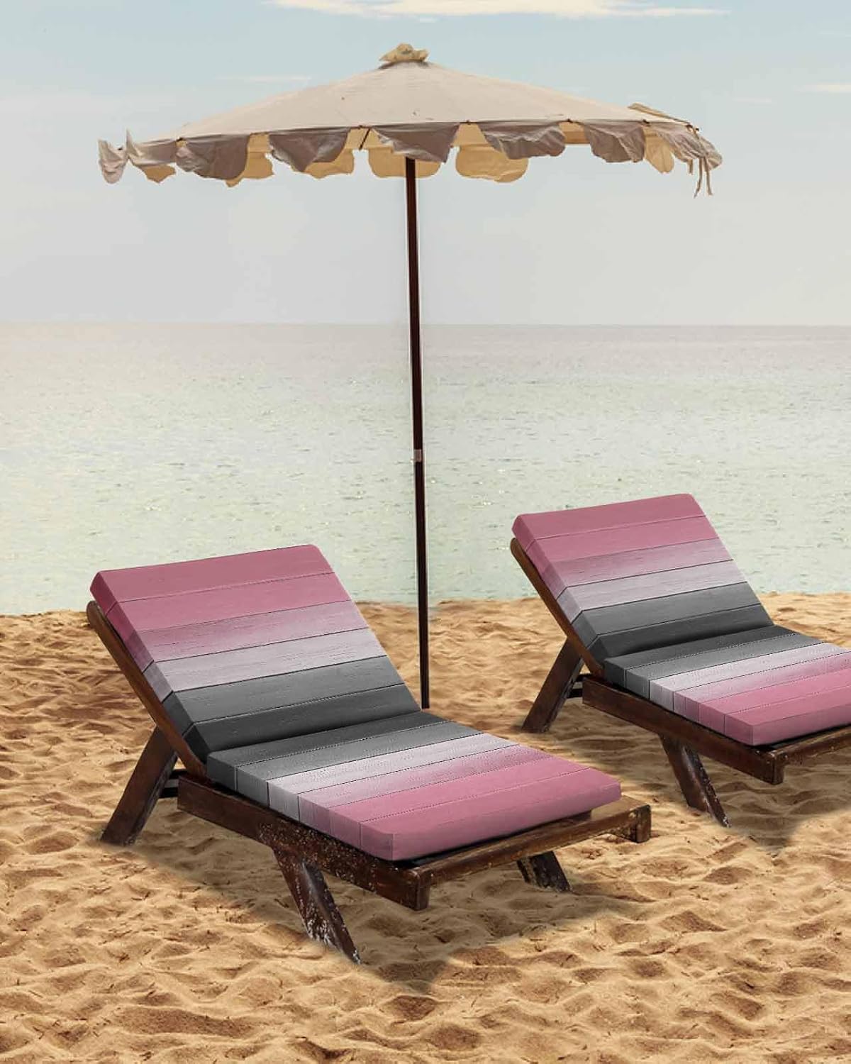 2 Pack Pink Gray Waterproof Cushion Covers with Ties, Outdoor Patio Chaise Lounge Chair Seat Cushion Slip Covers Replacement(Only Cover) Vintage Country Gradient Wooden Plank Line 20"x18"x4"