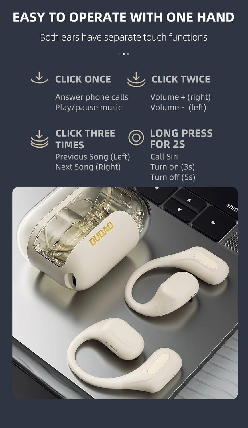 Diagram showing touch controls for DUDAO U17PRO headphones