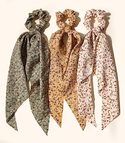 3Pcs Women Ribbon Scrunchies Bow Knotted Classic Floral Pattern Hair Ties Vintage Bunny Ear Ponytail Holders Hair Accessories #TOP5