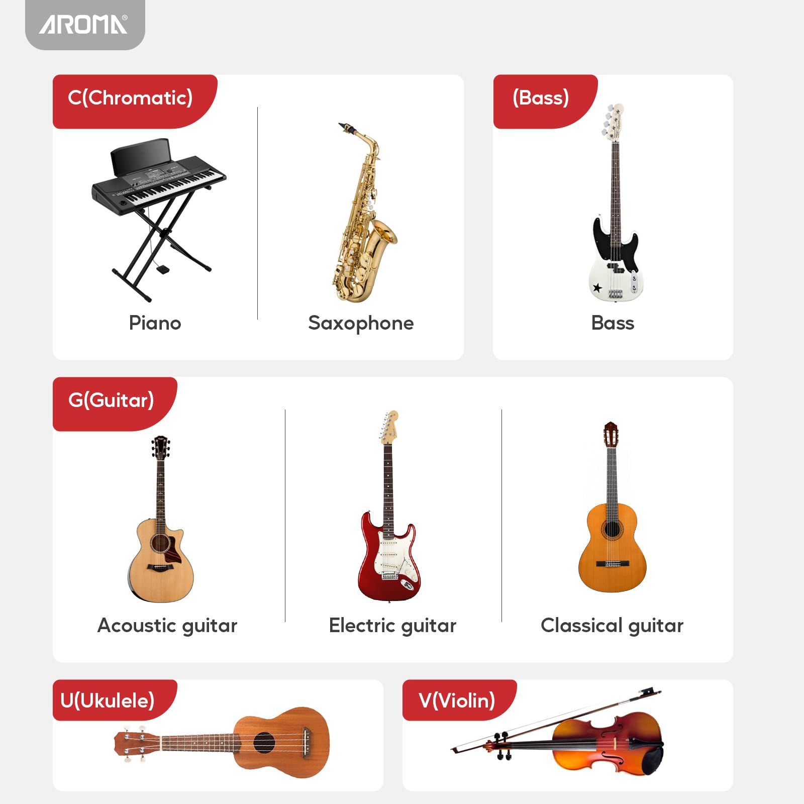 Aroma Metrónomo Digital Afinador Recargable para Todos los Instrumentos con Modos de Afinación para Guitarra, Bajo, Violín, Ukelele, Cromático e Instrumentos de Viento