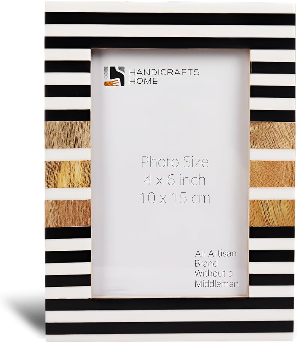 Handicrafts Home 4x6 Handmade Picture Frame, Resin Inlay & Wood Stripe Design for Tabletop & Wall Decor - Cute Photo Frames for Living Room, Bedroom, Modern Home Decor - Black, White & Natural