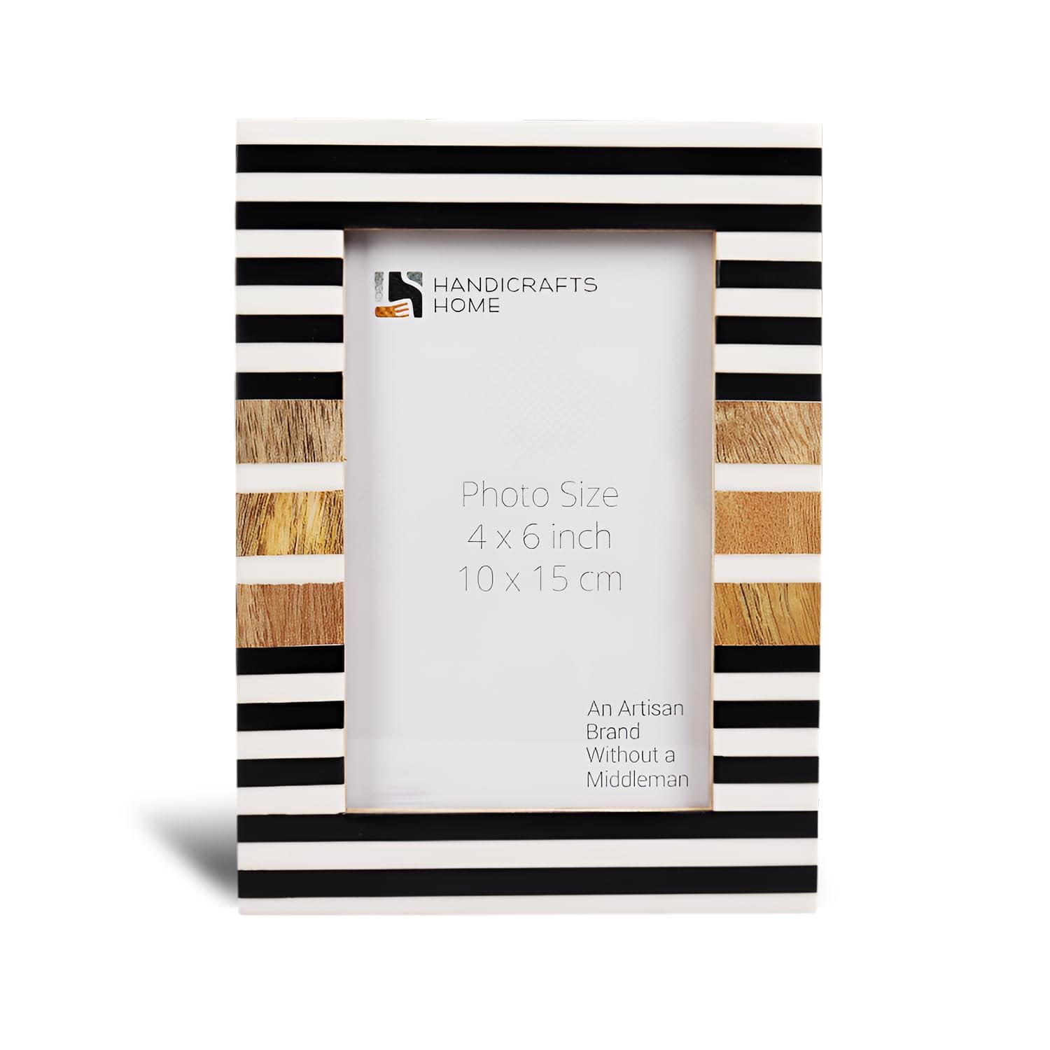 Handicrafts Home 4x6 Handmade Picture Frame, Resin Inlay & Wood Stripe Design for Tabletop & Wall Decor - Cute Photo Frames for Living Room, Bedroom, Modern Home Decor - Black, White & Natural