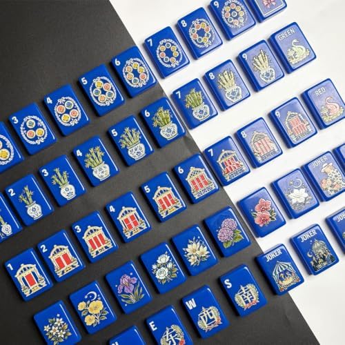 NLWF 4 Layer American Mahjong Set,160 Premium Acrylic Clear Engraved Tiles with Dice & Portable Storage Bag,Portable Western Game for Adult Travel & Home Party (Cobalt Blue Garden)