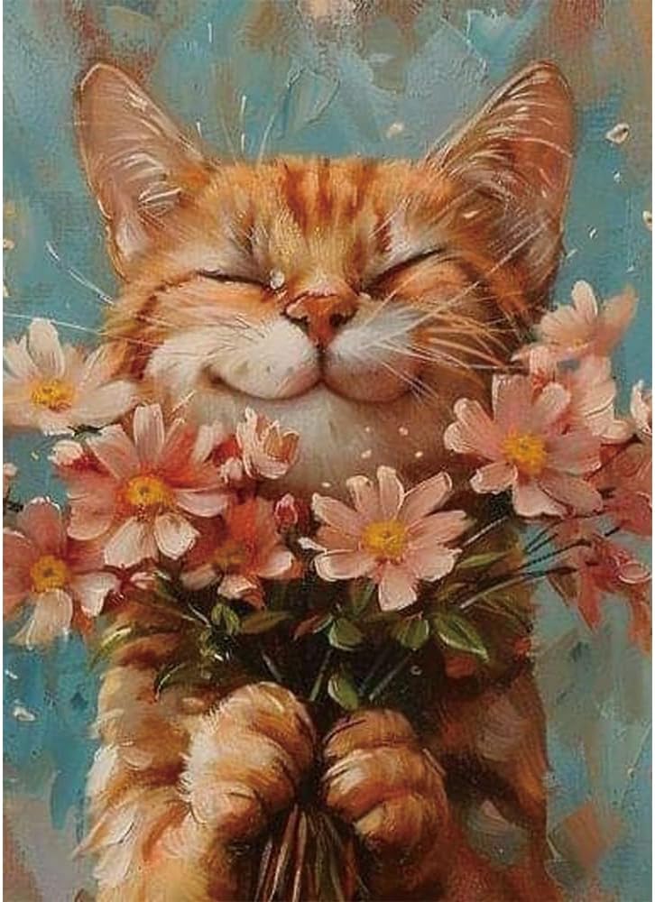 Smiling Orange Cat with Flowers Diamond Painting Kits for Adults, Ginger Cat Daisy 5D Full Round Drill DIY Diamond Art Kits for Beginners, Gem Art and Crafts Home Wall Decor 12x16 Inch