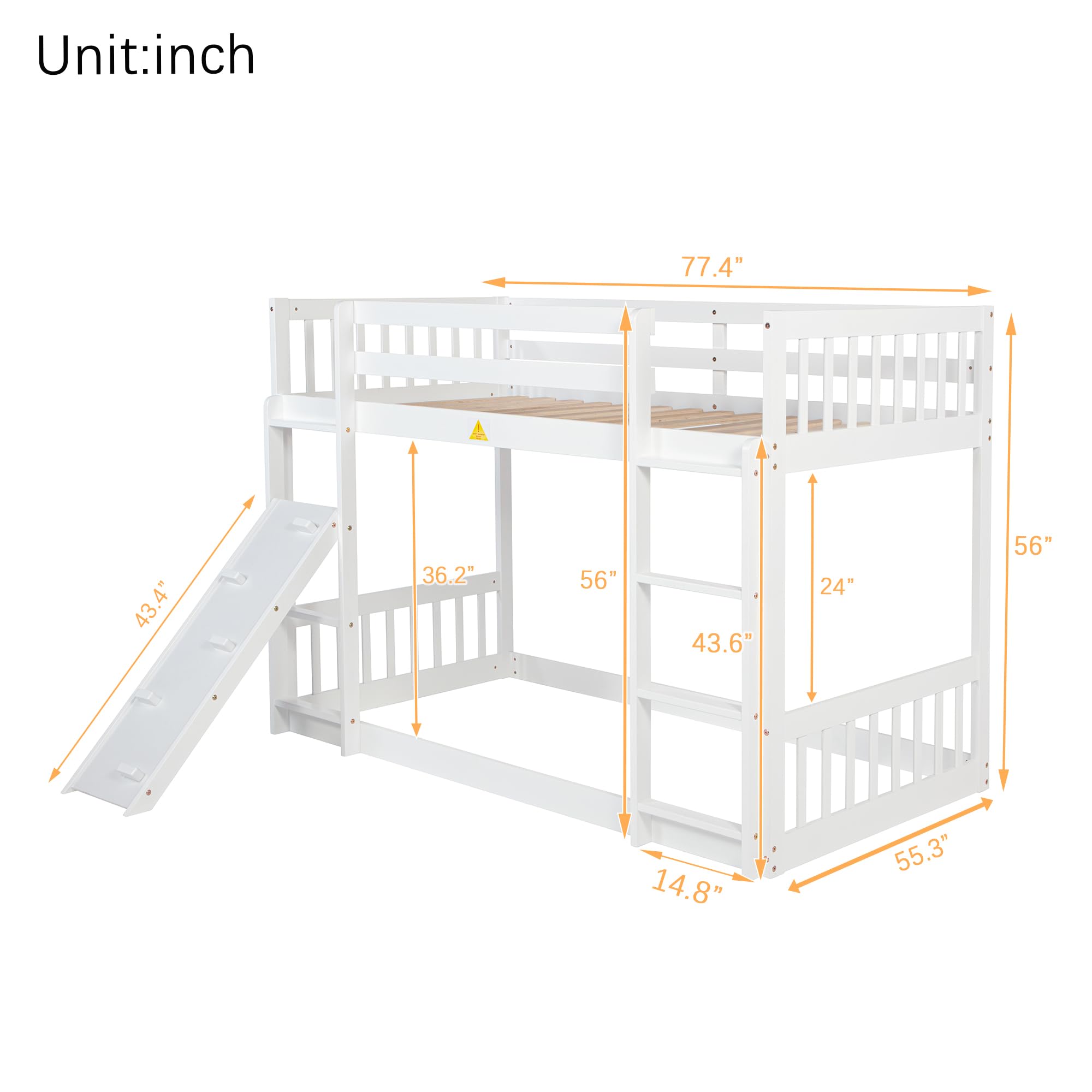 SOFTSEA Twin Over Twin Bunk Bed with Climbing Ramp, Wood Floor Bunk Bed with Built in Ladders, Playhouse Bunk Bed Twin for Kids, White