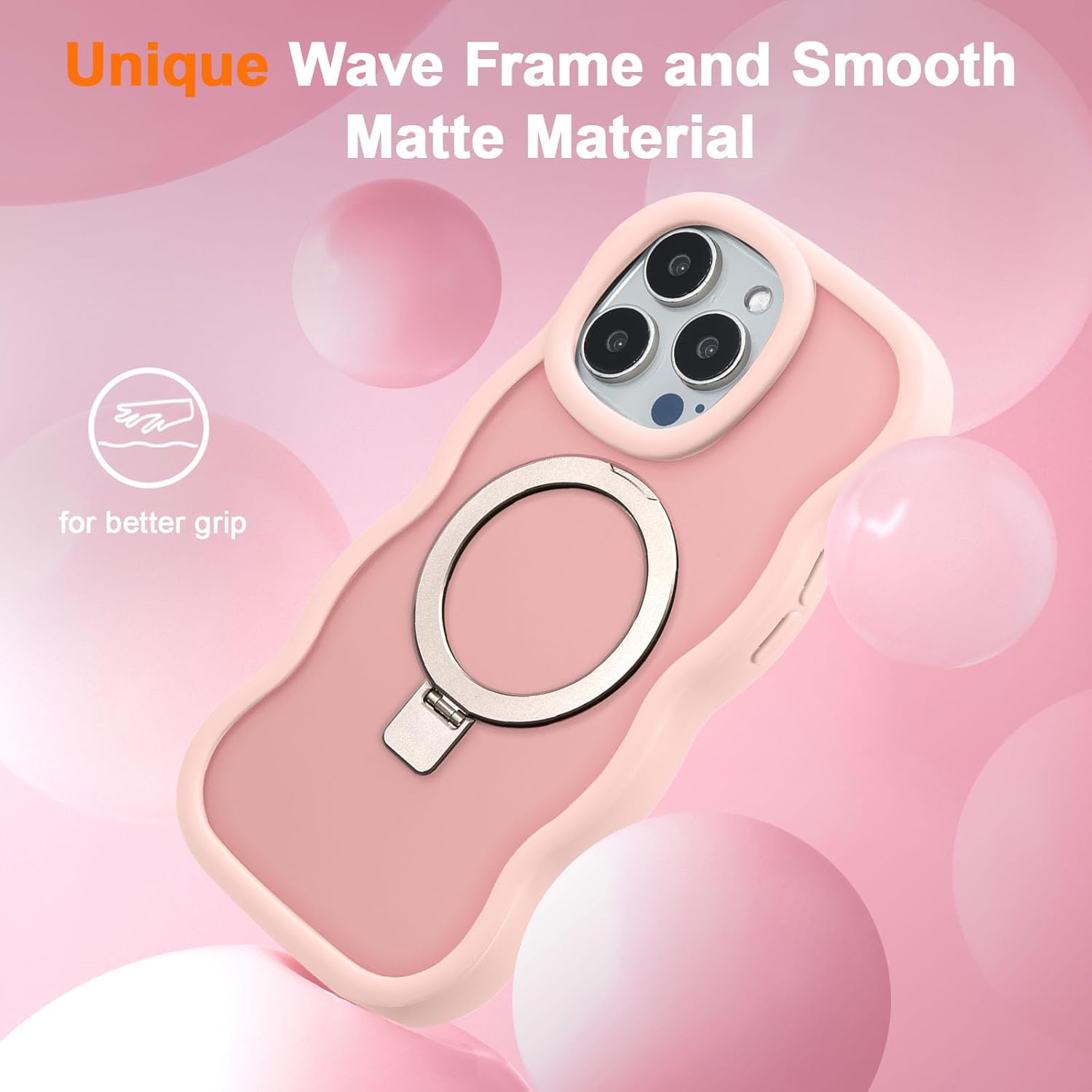 UEEBAI Magnetic for iPhone 16 Pro Max Case, [Compatible with MagSafe] [Built-in Kickstand] Translucent Wave Design Wavy Frame Matte Drop Protect Phone Case - Pink - Image 4