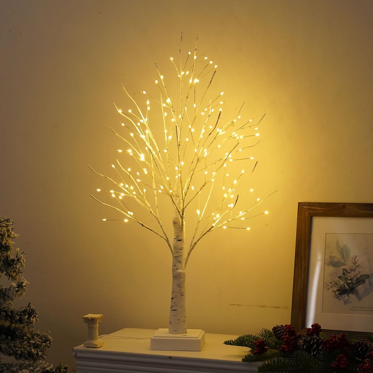 White Birch Christmas Tree with LED Lights, 2ft Battery/USB Operated Small Tree with Timer, Holiday Tabletop Decor for Home Office Desk (C)