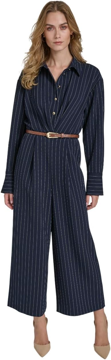Halston Women's Long Sleeve Collared V-Neck Jumpsuit