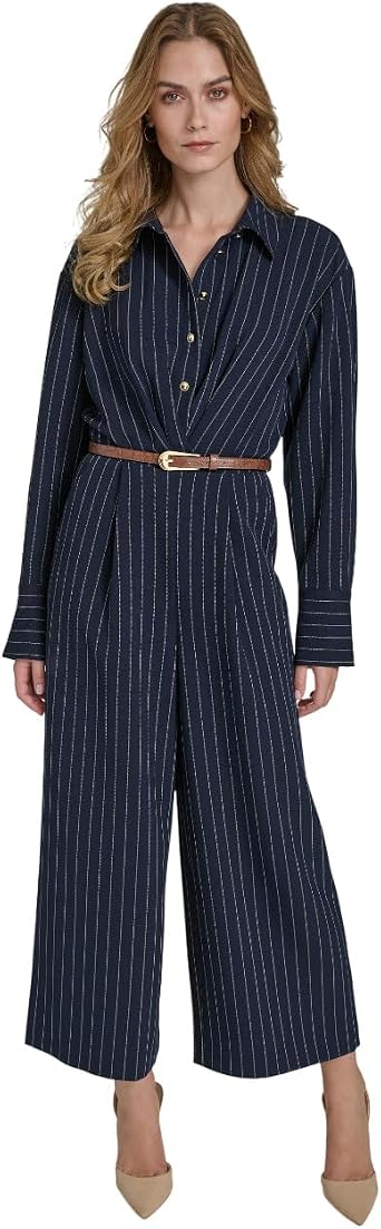Halston Womens Long Sleeve Collared V-Neck Jumpsuit