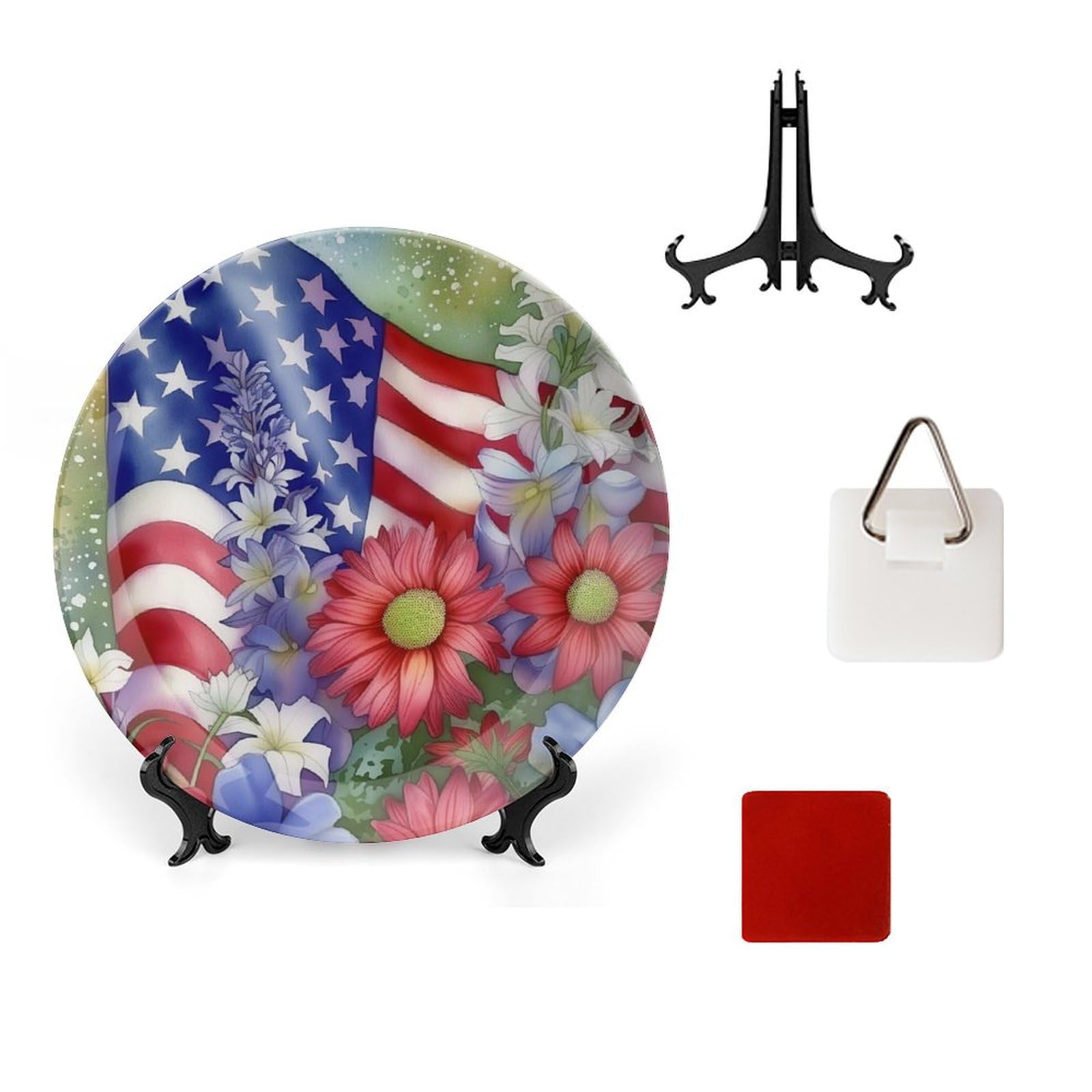 KUYT Patriotic Welcome Flower Bone China Decorative Plate Ceramic Decorative Plate for Home Office Wall Decor, with Vertical Stand Decorative Plates for Home Club