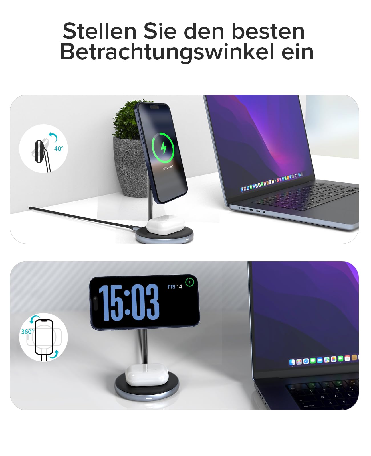 ZIKE 2-in-1 Ladegerät mit MagSafe, 15 W iPhone Ladeständer Dual Induktive Ladestation Fast Magnetische Kabelloses Ladegerät für iPhone 17 Pro/16/15/14 Pro/Airpods Pro, mit Standby Mode