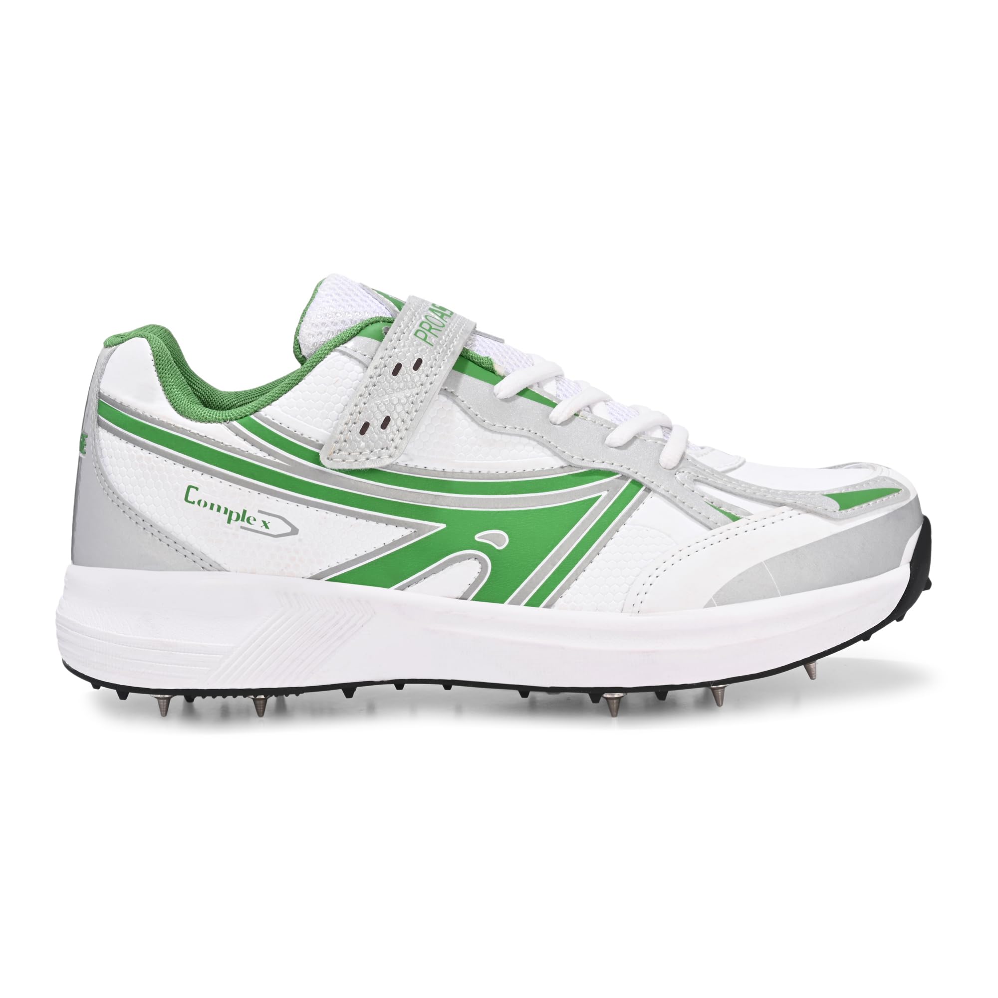Pro ASE Lightweight Cricket Shoes - Durable & Comfortable | Ideal for Turf, Ground & Hard Surfaces | Allrounder Design with Metal Spikes, Velcro & Superior Grip | White, Blue, Green, Red