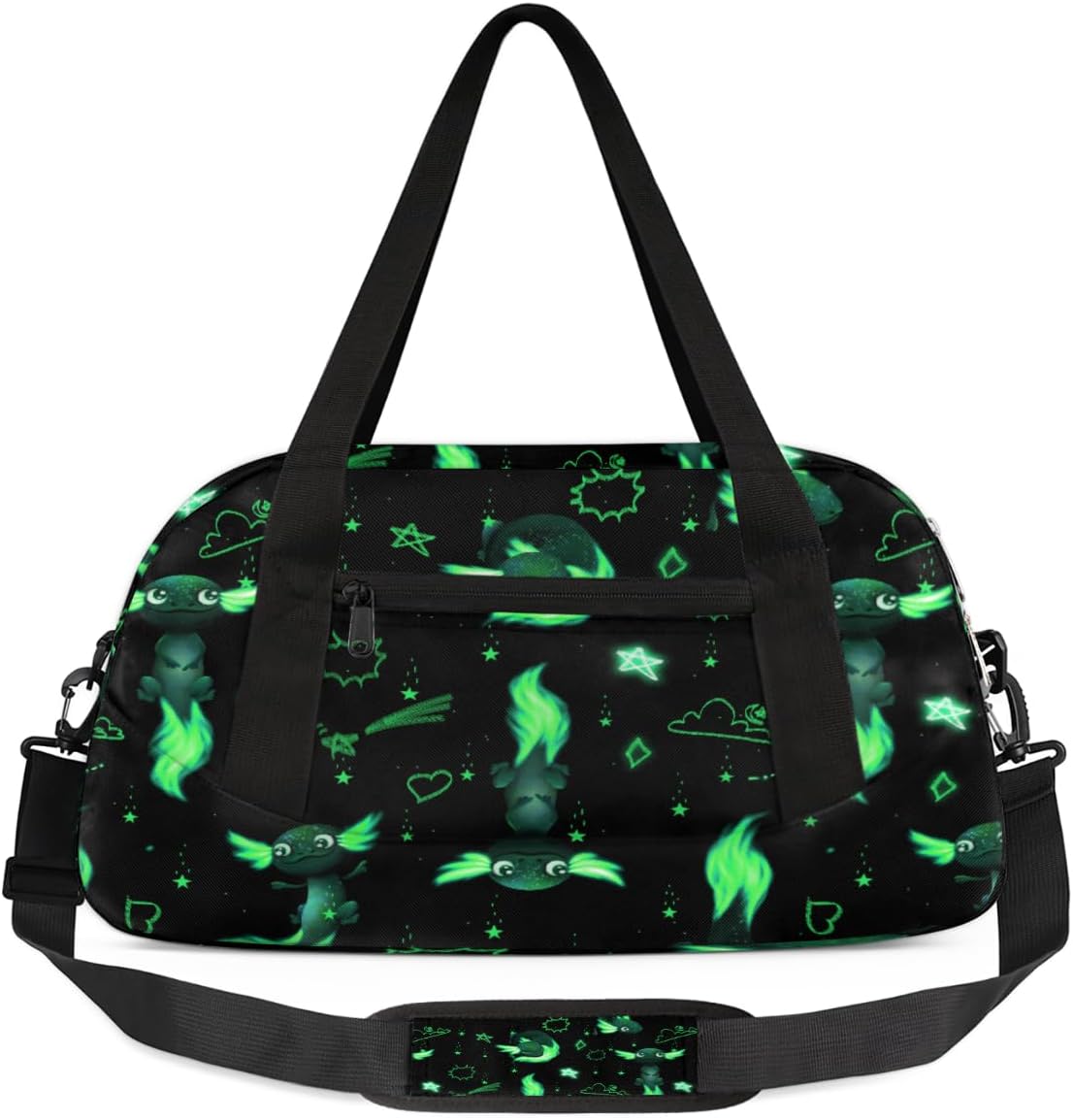 Gym Travel Duffle Bag for Boys - Green Axolotl Kids Overnighter Weekend Bag with Front Zipper Pocket for School Practice, Teens Carry-On Size Sleepover Bags