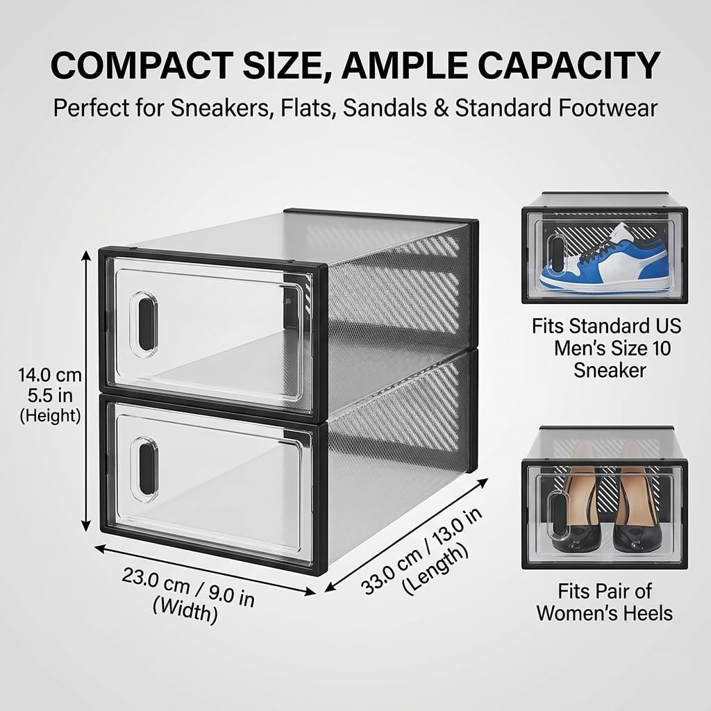 32 Pack Shoe Storage Boxes, Stackable Plastic Mesh Shoe Organizer for Closet, Breathable Freely Combinable Shoe Rack Substitute, Footwear & Dorm Storage Bins, Small (13"x9"x5.5"),Black