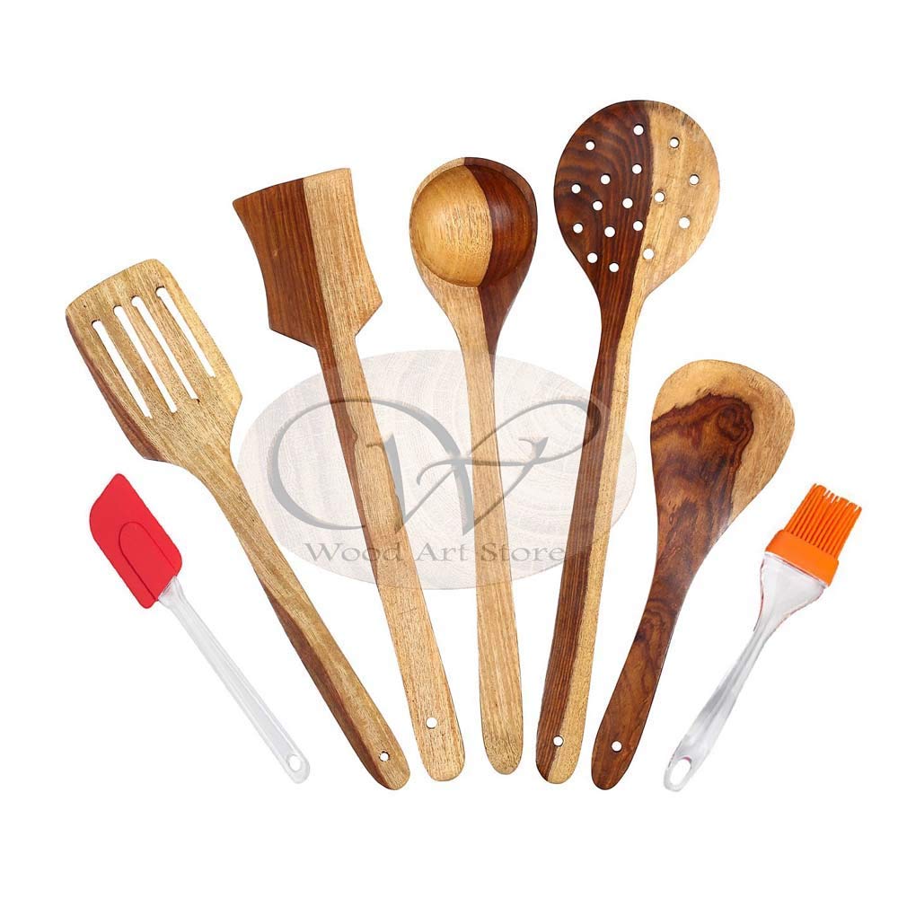 WOOD ART STORE Wooden Spoon Set 5 With Spatula (5k) Cooking and Serving Utensils Spatula Spoons for Cooking Nonstick Cookware Handmade by Natural Sheesham Wood with One Silicon Brush And Silicon Spatula