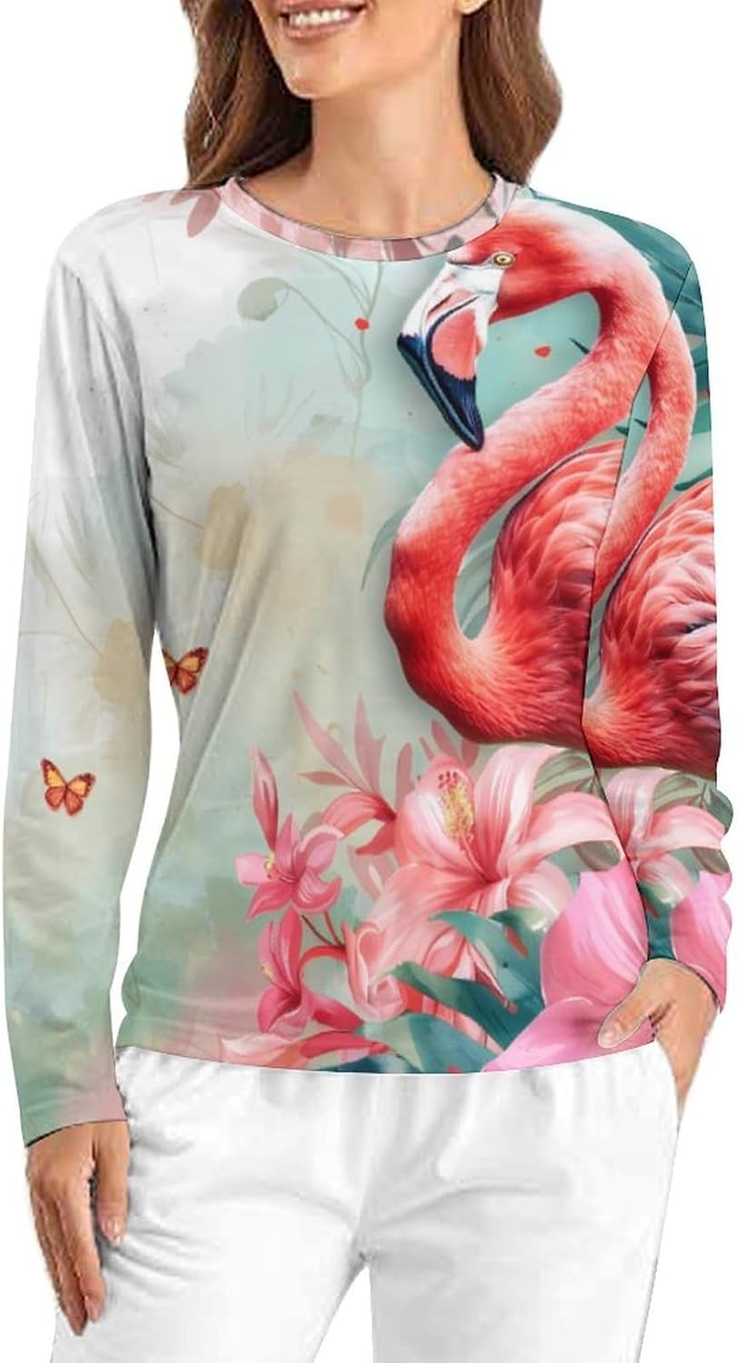 Beautiful Flamingo Butterfly Women's Pajama Top Sleepwear Pajamas Sleep T-Shirt Long Sleeve Shirt Crewneck Tee