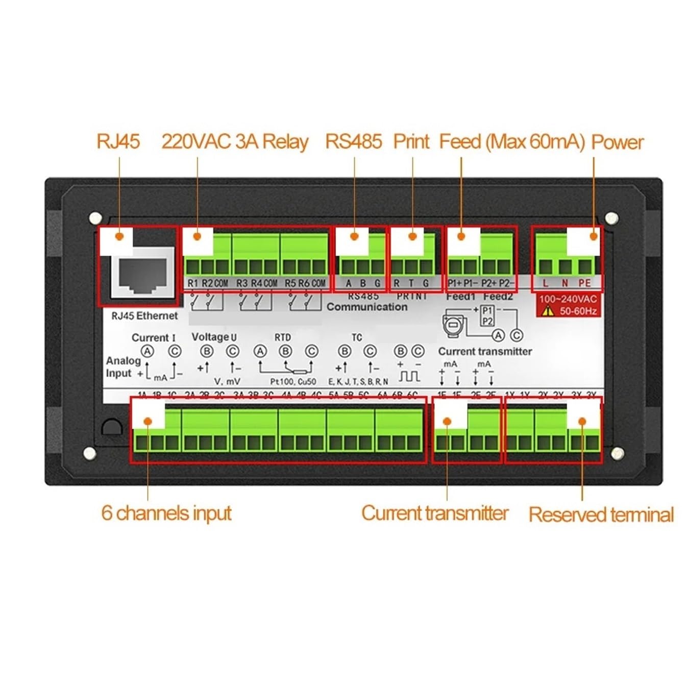 Datenlogger, 1–6 Kanäle, industrieller papierloser Rekorder, Temperaturdaten, Strom, Spannung, Druckpegel, 4–20 mA, RS485(1 Channel RS485 220V)