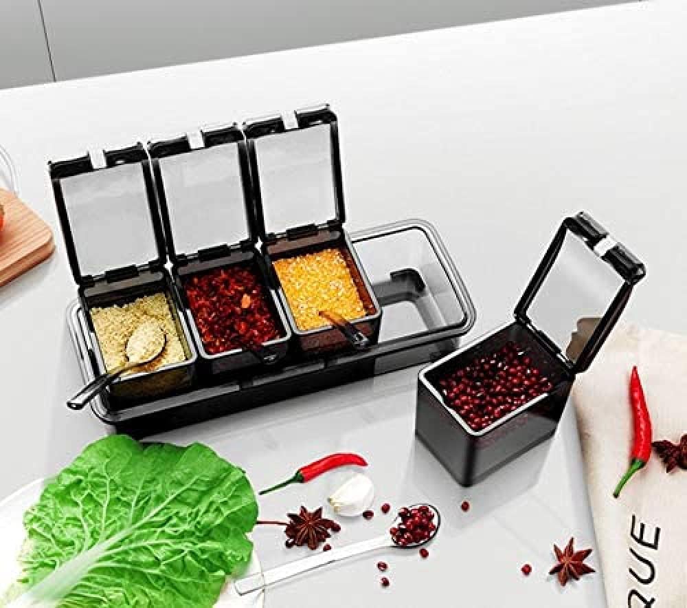 Spice Box Container, 4-Compartment Spoon Holder for Salt, Pepper, Sugar, and Seasonings - Kitchen Accessories