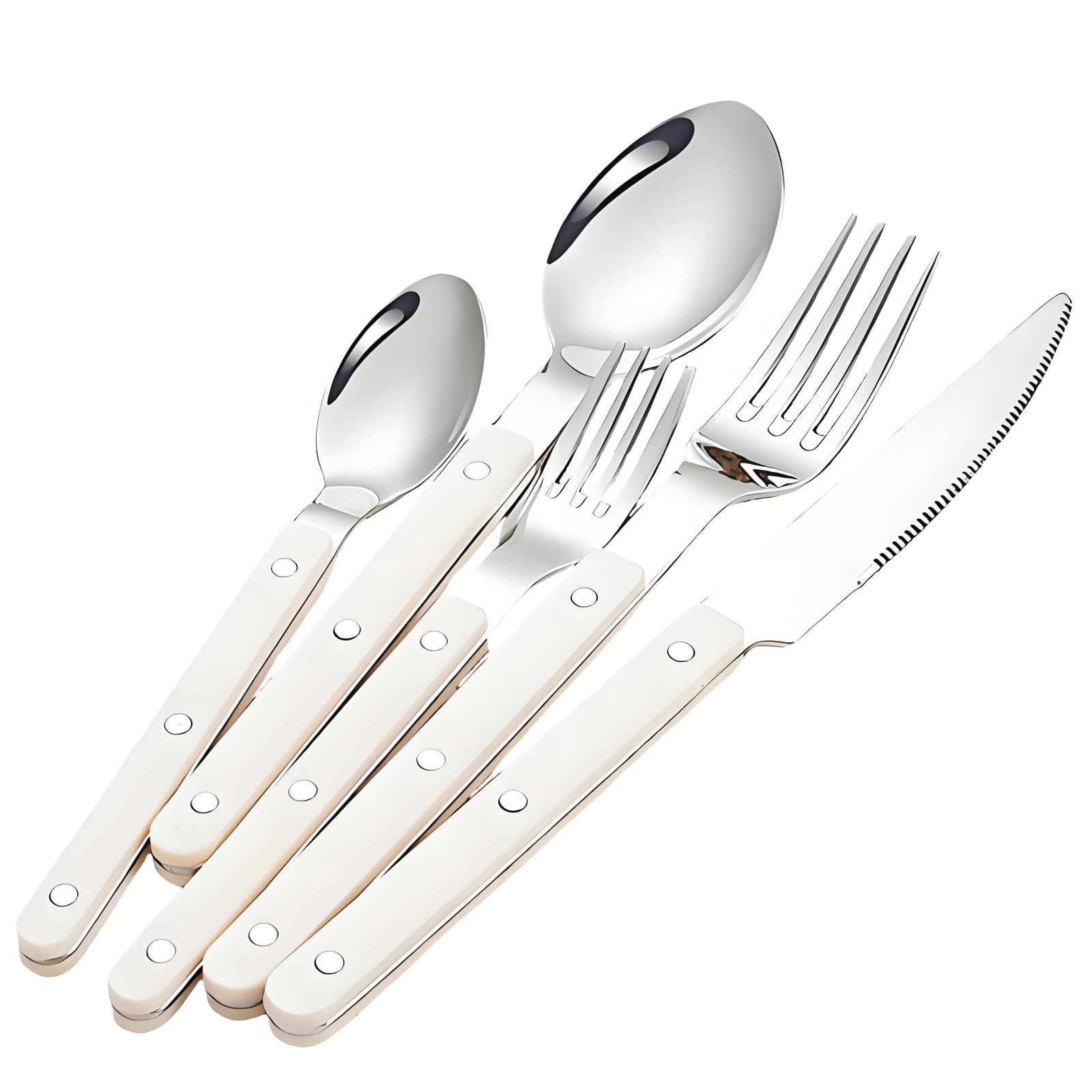 White Silverware Set 20 Piece Flatware Cutlery Set Service for 4,18/10 Stainless Steel Forged ABS Plywood Rivet Handle Mirror Polished Dishwasher Safe