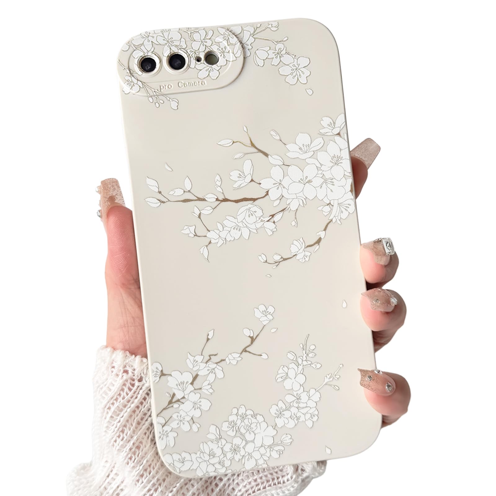 NITITOP Compatible with iPhone 7 Plus / 8 Plus Case Cute Aesthetic Cherry Blossom Pattern Design for Women Girls Soft TPU Shockproof Full Camera Protective Phone Cover - White