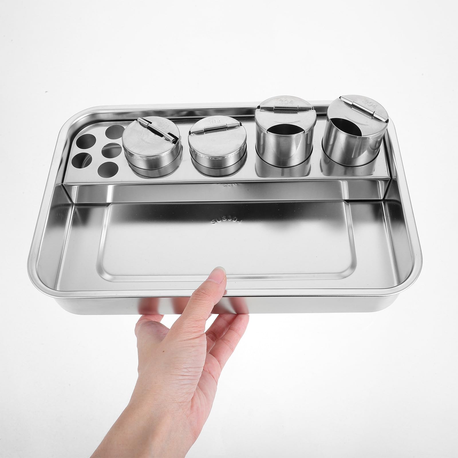SHINEOFI Bandeja de Médica de Acero Inoxidable 304 Bandeja Rectangular 4 Orificios para Frascos Equipo Profesional para Hospitales y Clínicas para Curas