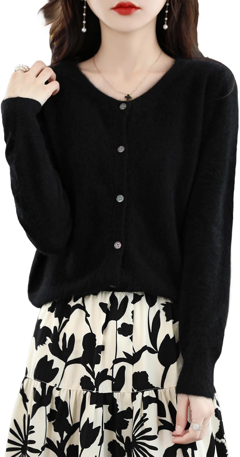 Women's Crewneck 100% Mink Sweater 2025Autumn Winter New Long Sleeve Knitted Cardigan Wool Sweater