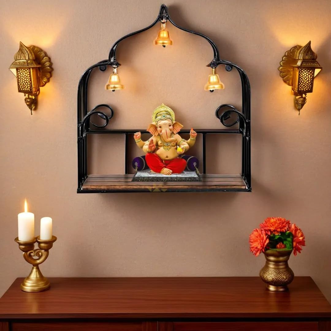 MetalTouch Wall Mounted Shelf Hanging Puja Temple Shelf with Bell Stylish Iron & Wood God Stand for Pooja Room Mandir Stand Temple | Home Shelves for Mandir