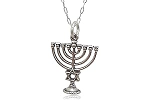 Sterling Silver Menorah 7 Branch Hanukkah 3D Charm Necklace, 18"