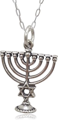 Sterling Silver Menorah 7 Branch Hanukkah 3D Charm Necklace, 18"