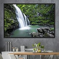 Framed Canvas Wall Art Forest Waterfalls Group Multicolor Nature Photography Realism Relax/Calm - 16x24 inches