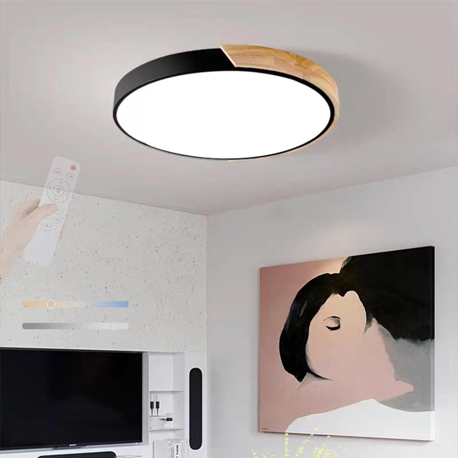 TZSMUM LED Wood Ceiling Light Dimmable 2700K-6500K Ceiling Lamp with Remote Control Ceiling Lights Flush Mount Ceiling Lighting Modern Decorative for Living Room Kitchen Lounge (Black,50cm)
