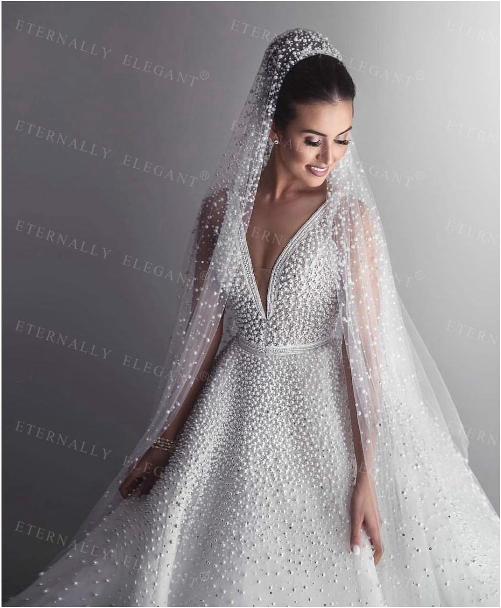 Velo de tul nupcial largo de 3 metros con peine y perlas para vestido de boda