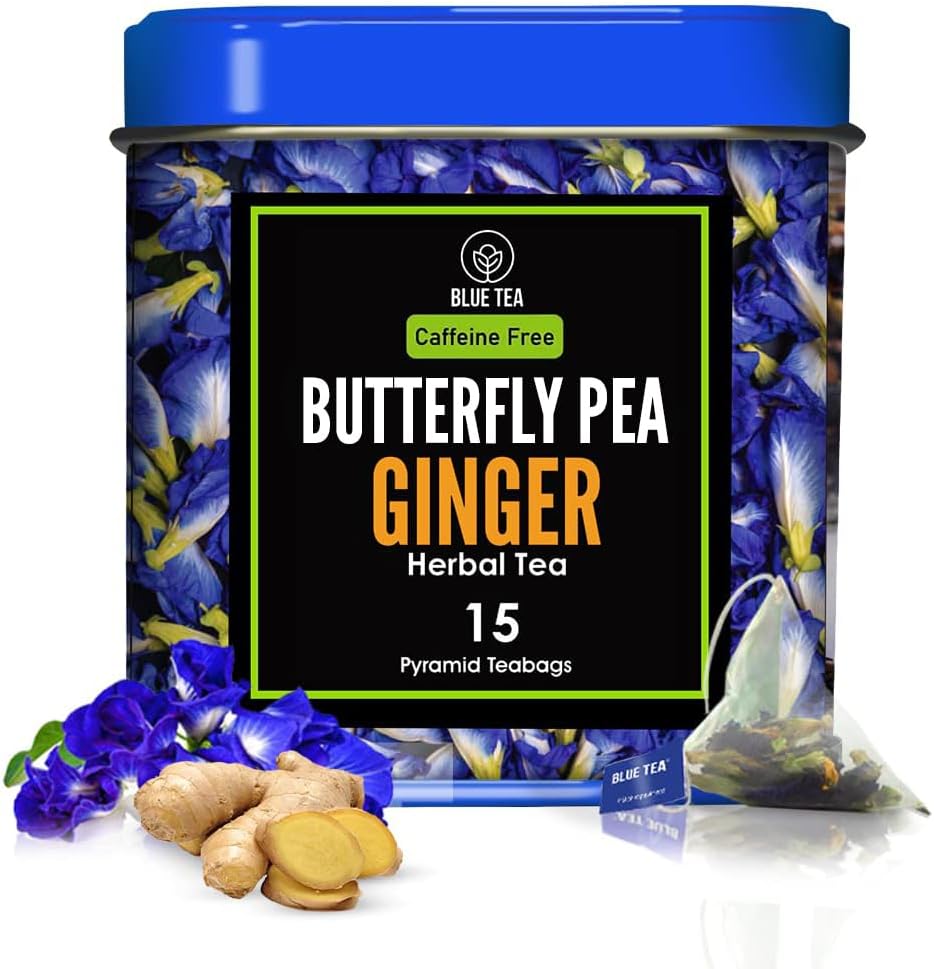 BLUE TEA - Butterfly Pea Flower Ginger - 30 Tea Bags | ANTIOXIDANT RICH | Aparajita - Shankhpushpi | Detox Tea - Flower Based - Herbal Tea - Caffeine Free | Featured In Shark Tank | Tin Pack