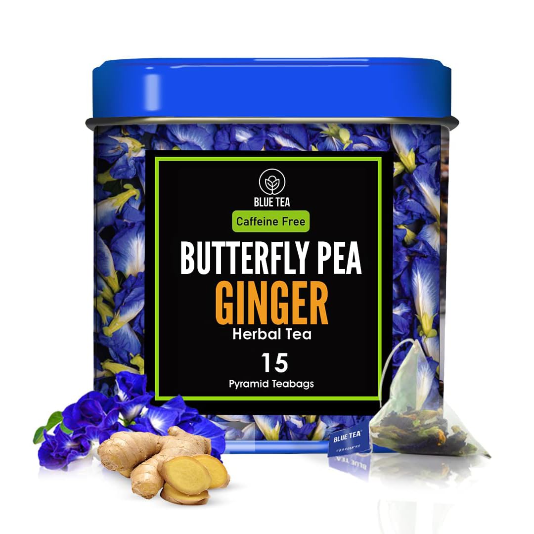 BLUE TEA - Butterfly Pea Flower Ginger - 30 Tea Bags | ANTIOXIDANT RICH | Aparajita - Shankhpushpi | Detox Tea - Flower Based - Herbal Tea - Caffeine Free | Featured In Shark Tank | Tin Pack