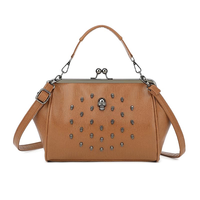 Image of Women Vintage Hollow Handbag Oil Leather Kiss Lock Rivet Skull Shoulder Crossbody Bag Evening Clutch Satchel Purse