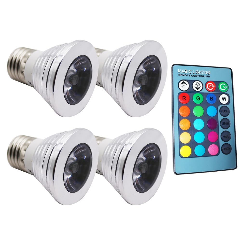 E27 Smart Bulb,3W LED Bulb with Remote Control,Dimmable Colour Changing Light Bulb for Home, Party, Bar, Disco (4 Count)