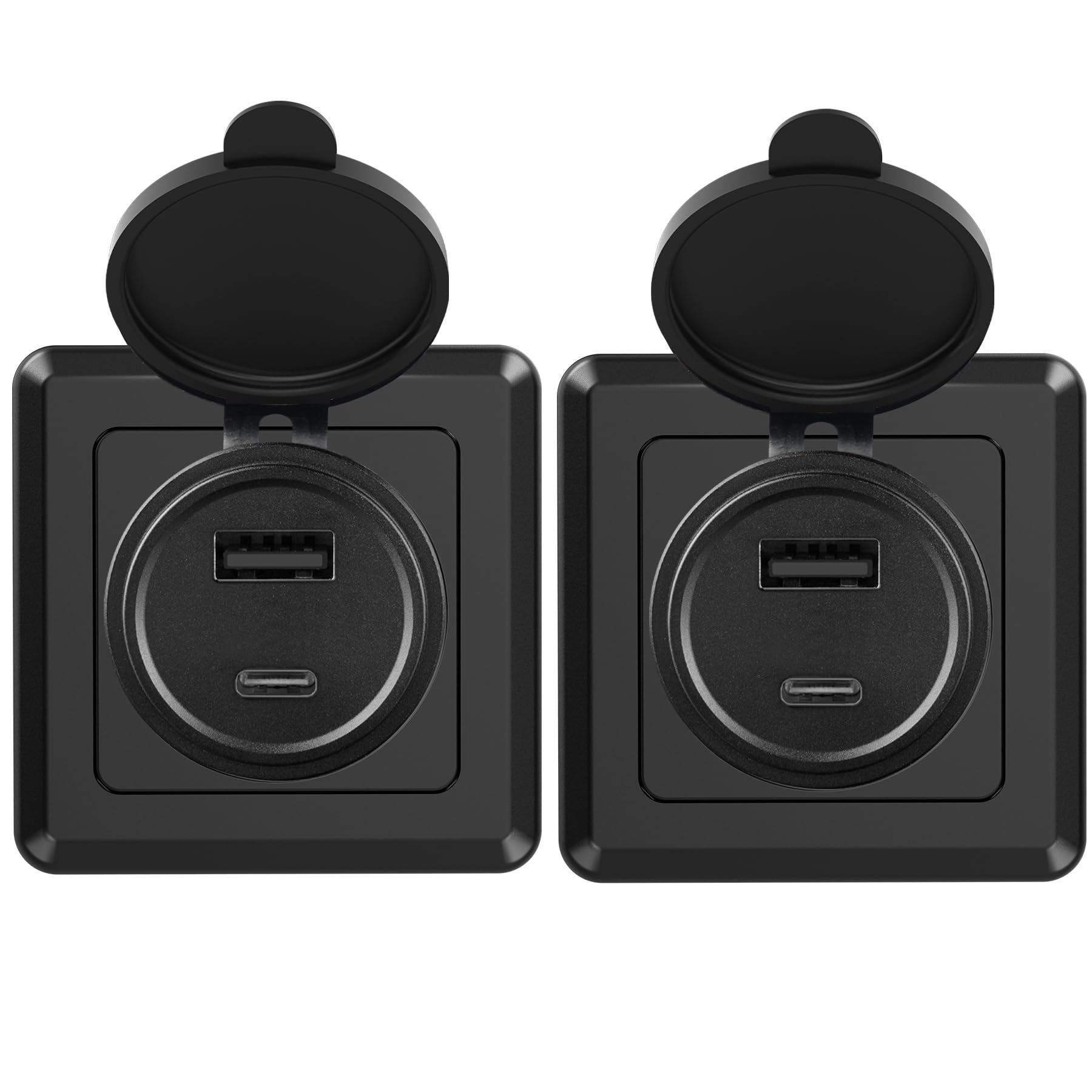 RV USB-A/C Dual Port Socket QC3.0 Tipo A & PD3.0 Tipo-C, Uscita di ricarica rapida USB in alluminio 12V con facciata nera, ideale per RV, barca, caravan, rimorchio camper (2 confezioni)