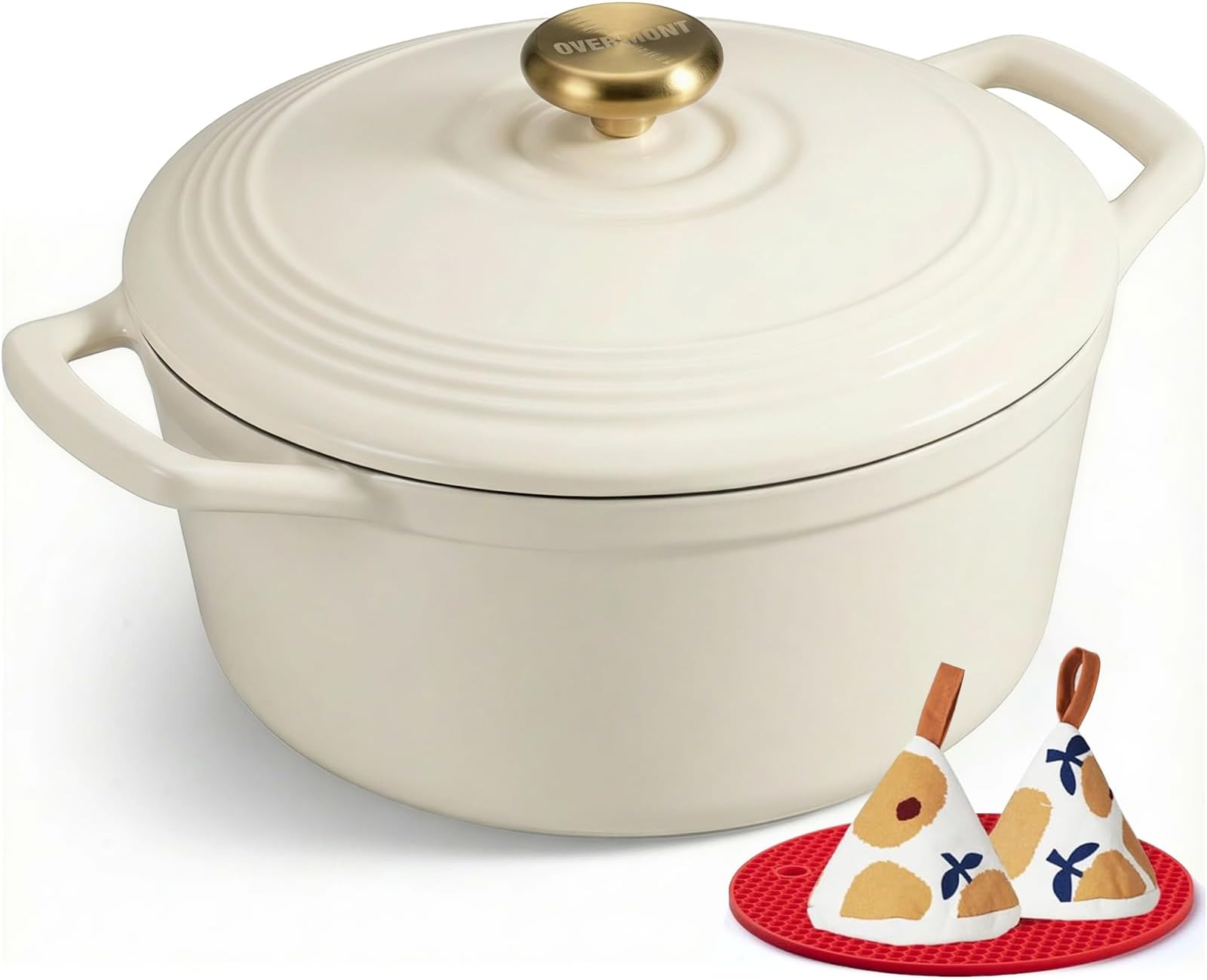 Enameled Cast Iron Dutch Oven - 5.5QT Pot with Lid Cookbook & Cotton Potholders - Heavy-Duty Cookware for Braising, Stews, Roasting, Sourdough Baking Cream White