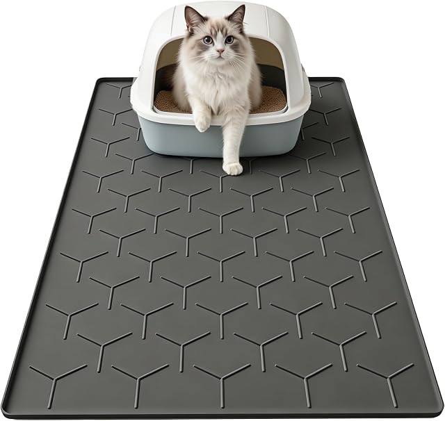 Garoopion Silicone Cat Litter Mat 86x56cm, Easy to Clean, Black | Waterproof Litter Box Mat with Raised Edges Keeps Litter Contained, Protects Floor from Urine, Multi-Use
