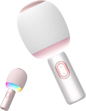 Wireless Bluetooth karaoke Microphone, 5-in-1 Portable Handheld Microphone for iPhone, Karaoke Microfono with Dynamic Lights for Car / Home Party, Music Record, Duet Singing Mic for Kids Adults-White