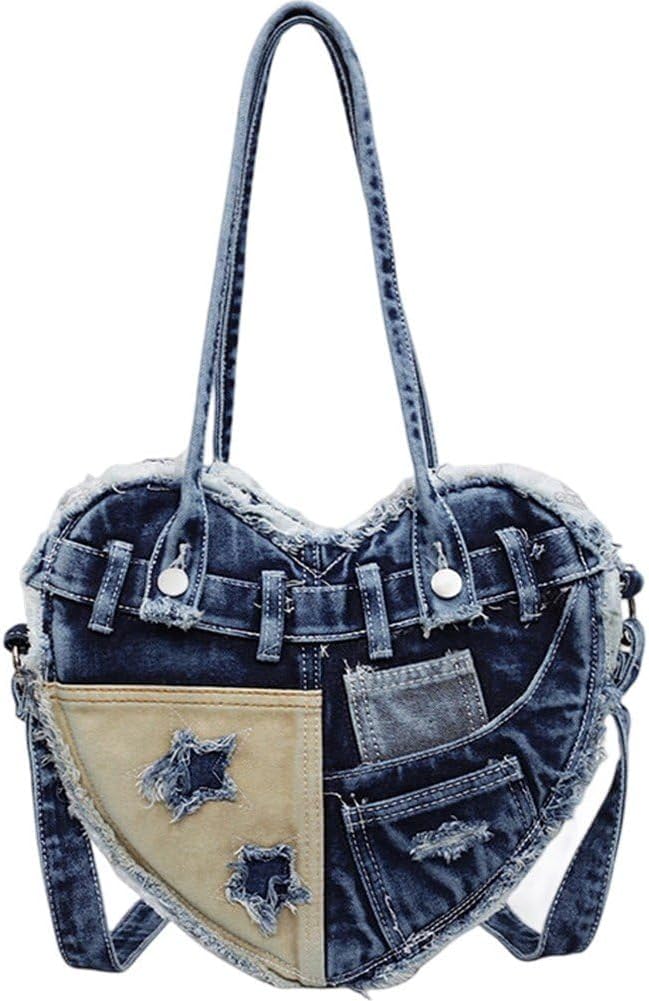 Denim Shoulder Bag for Women, Heart Shaped Messenger Bag with Zipper,Large Casual Patchwork Crossbody Handbag Denim Purse