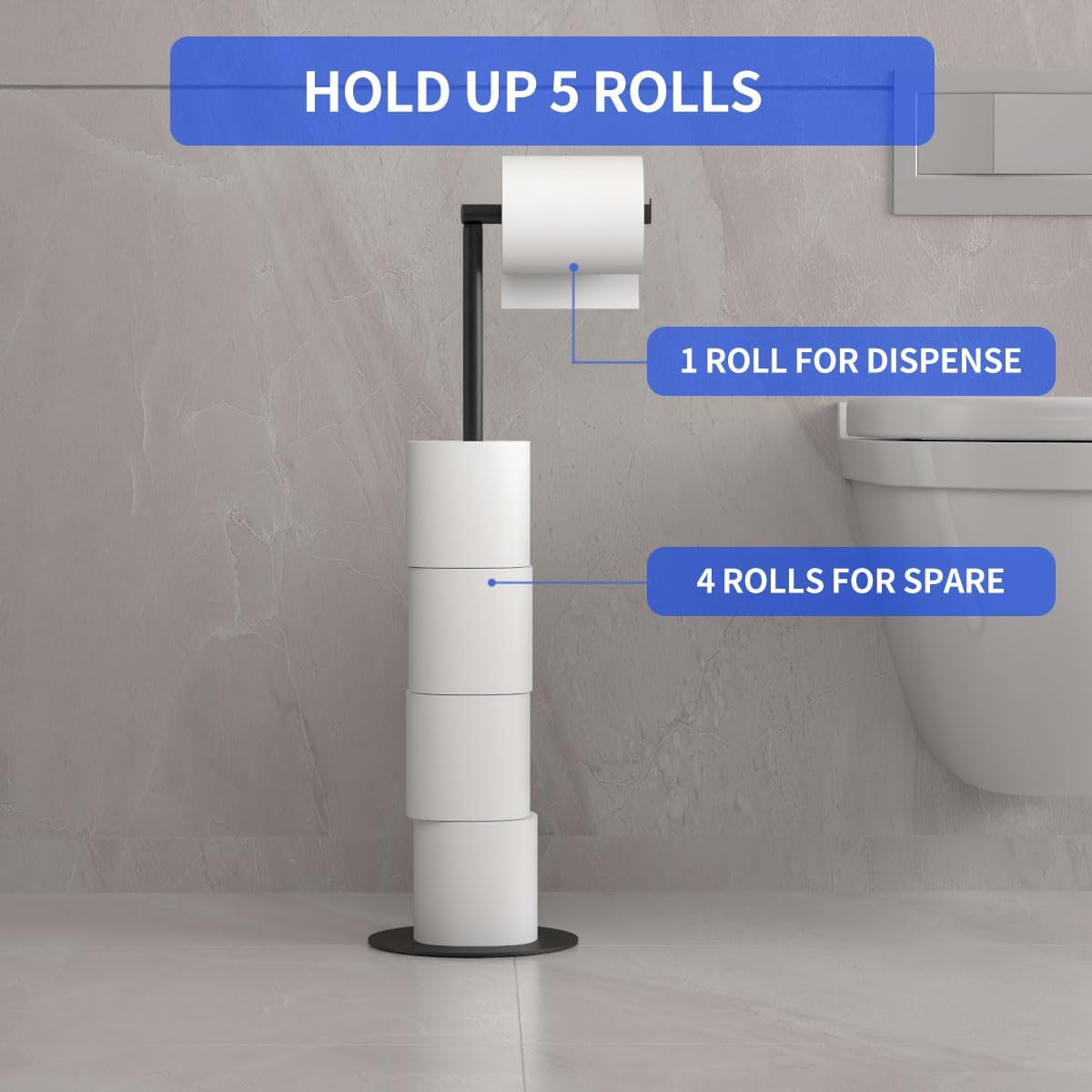 Bathroom Toilet Paper Holder Stand Modern Tissue Roll Stainless Steel Rustproof Freestanding Holder Matte Black (Black)