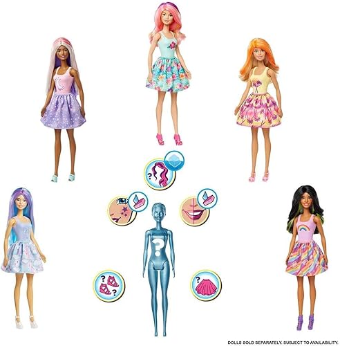 Miniatura 5 de Barbie Muñeca de revelación de color con 7 sorpresas: 4 bolsas misteriosas contienen peluca, falda, zapatos y esponja; el agua revela el aspecto de